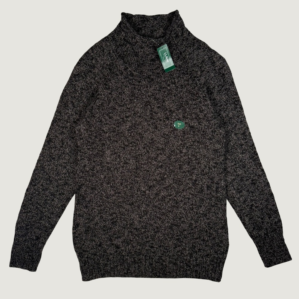 NWT LL Bean Mens Small Tall Cotton Funnel Neck Sweater Darkest Gray Marled